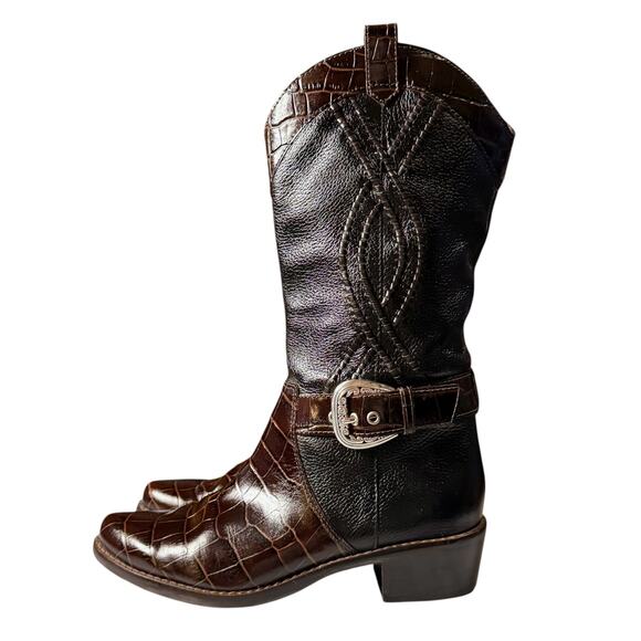 Brighton Will Boot Womens Black Brown Croc Embossed Western Cowgirl Size 8.5M - Picture 3 of 10